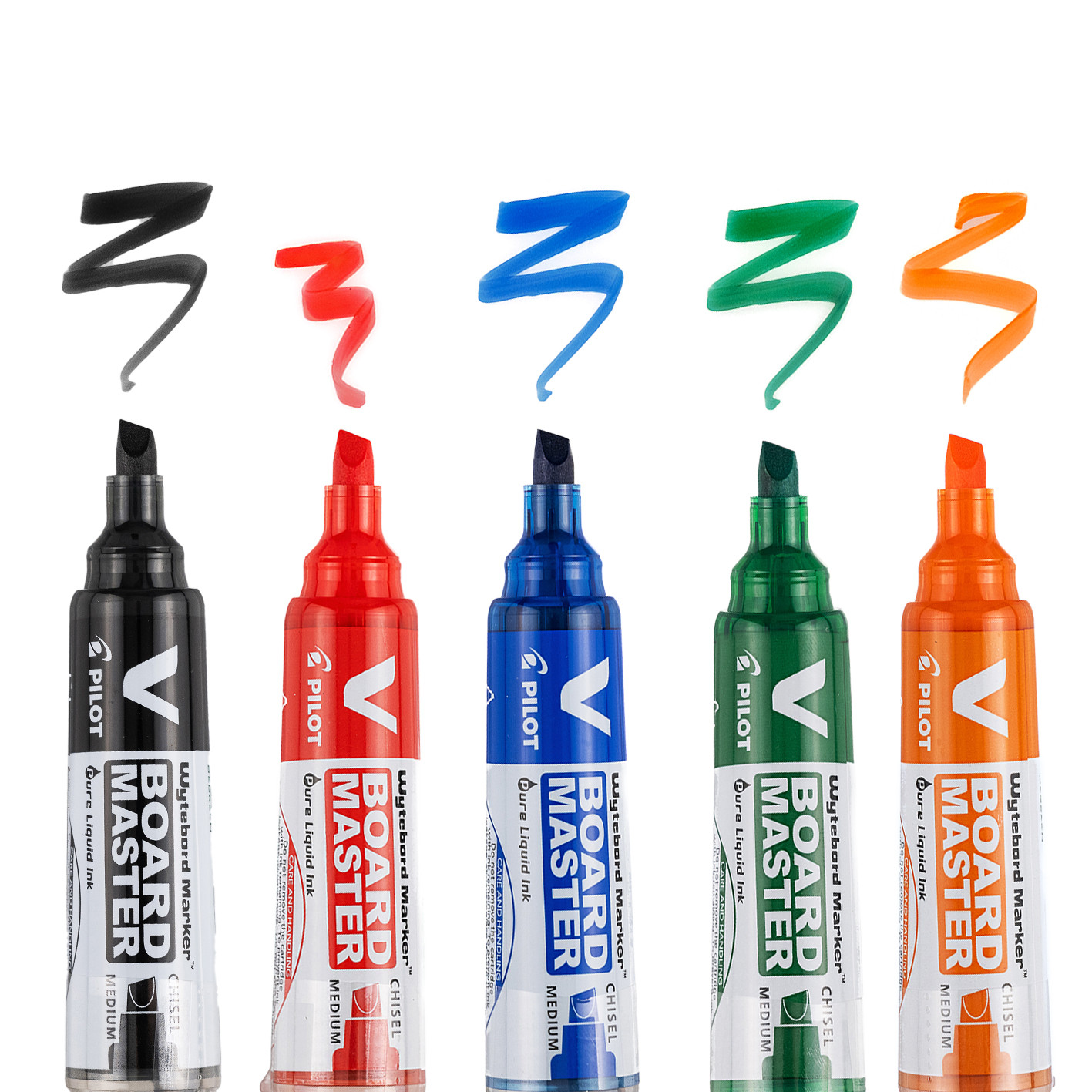 Uncapped PILOT V Board Master markers in black, red, blue, green, and orange, showing vibrant ink strokes on a white background