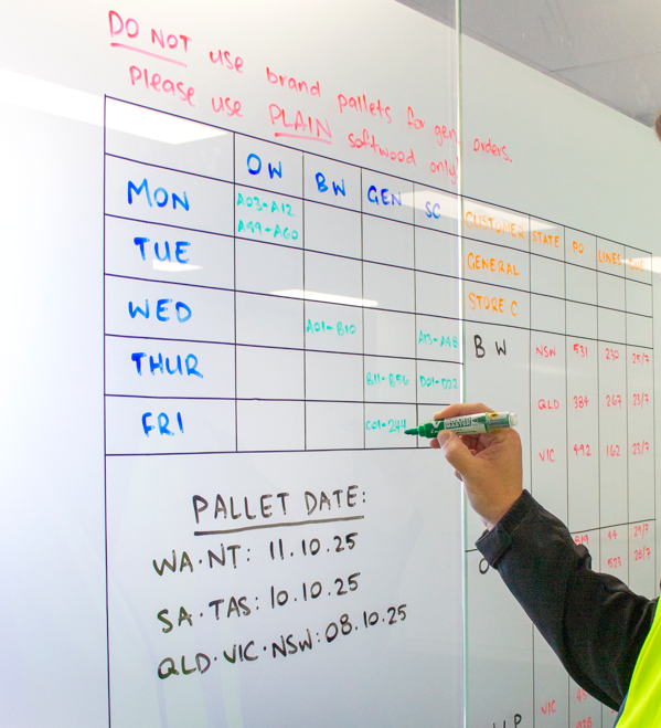 Hand holding a green PILOT V Board marker writing on a glass whiteboard surface
