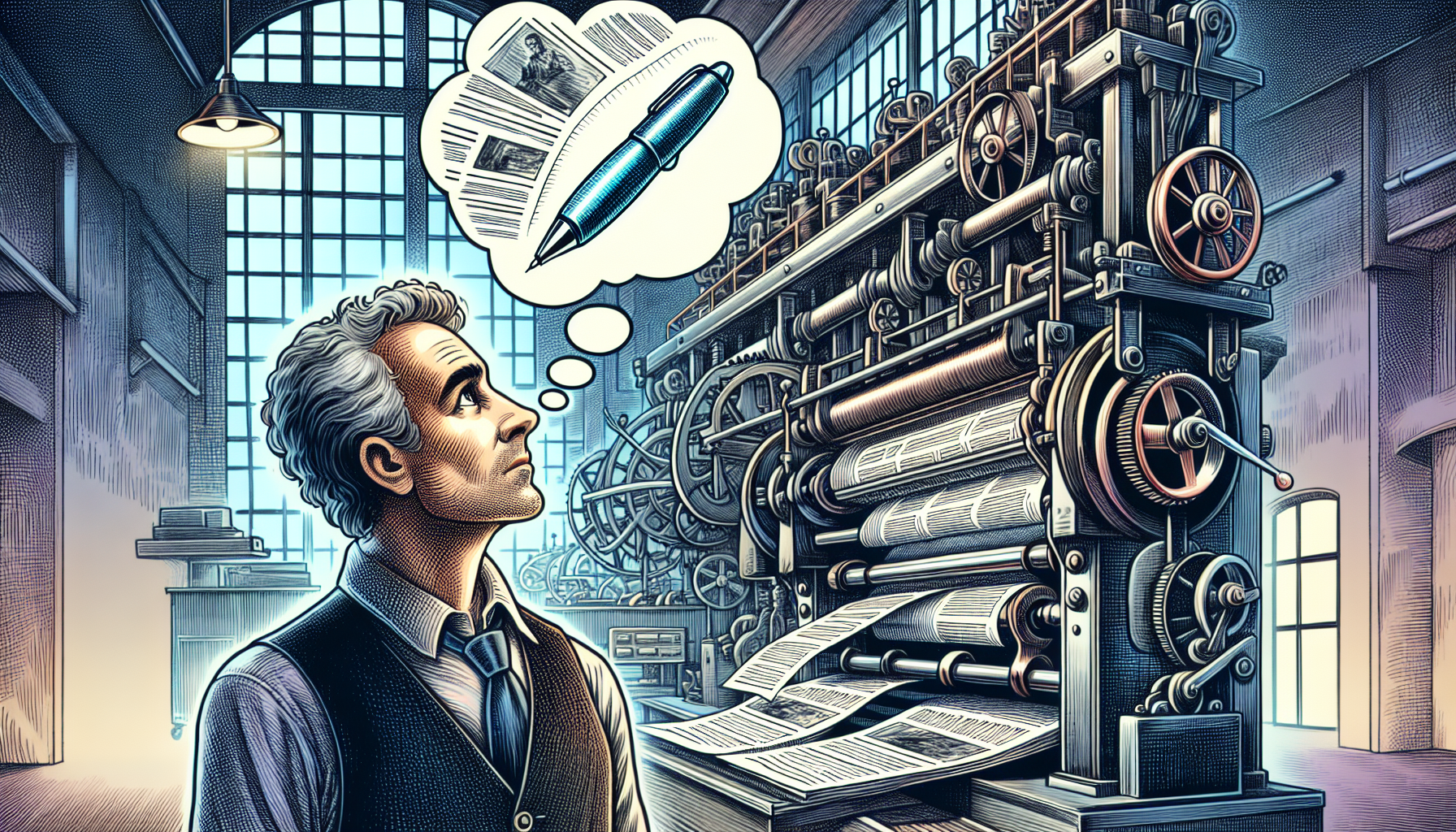 Illustration of L&aacute;szl&oacute; B&iacute;r&oacute; getting inspiration from the ink used by the printing press for the soon-to-be revolutionary ballpoint pen design.