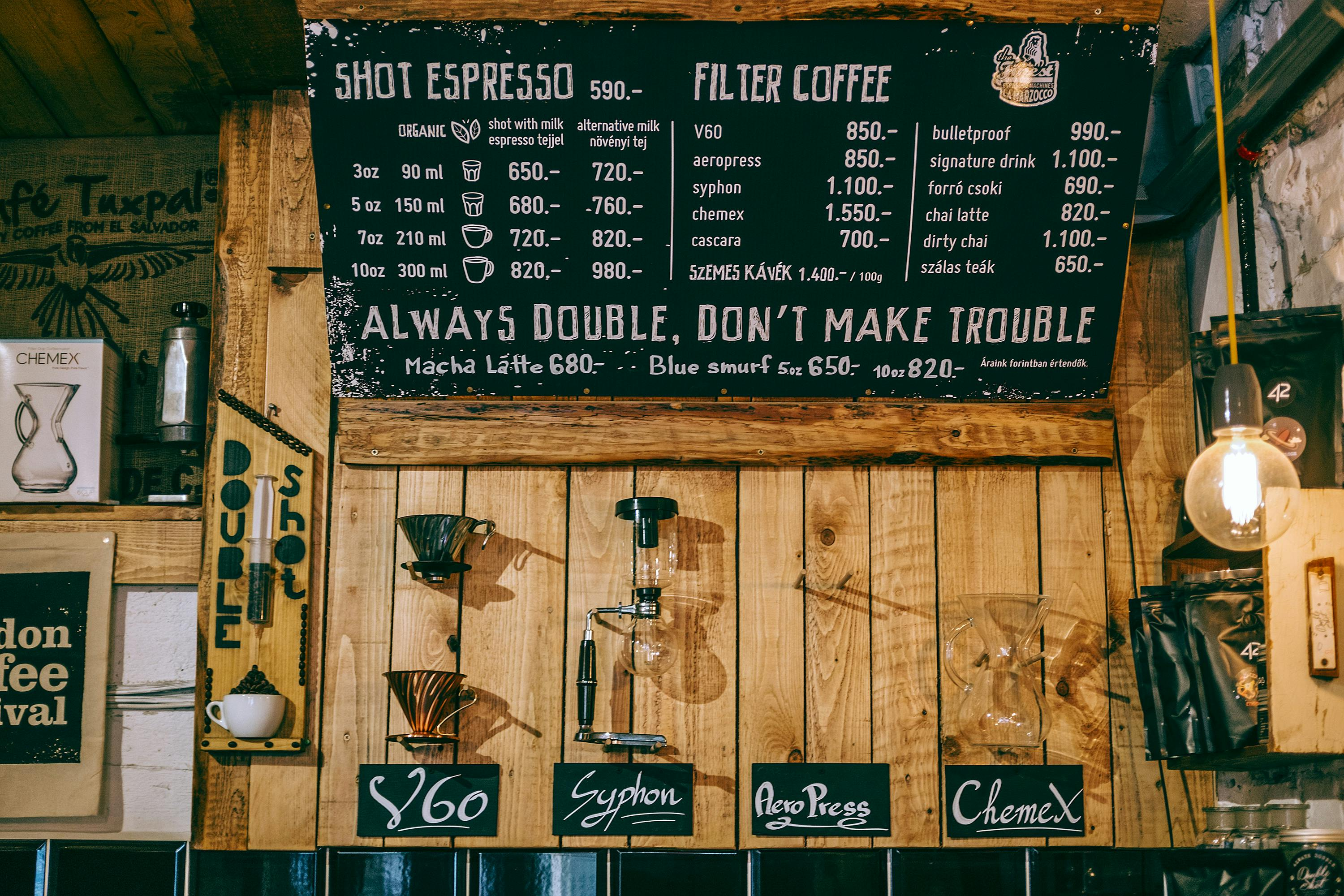 Charming coffee shop menu written with chalk markers, showing an example of when they are a good option for use.
