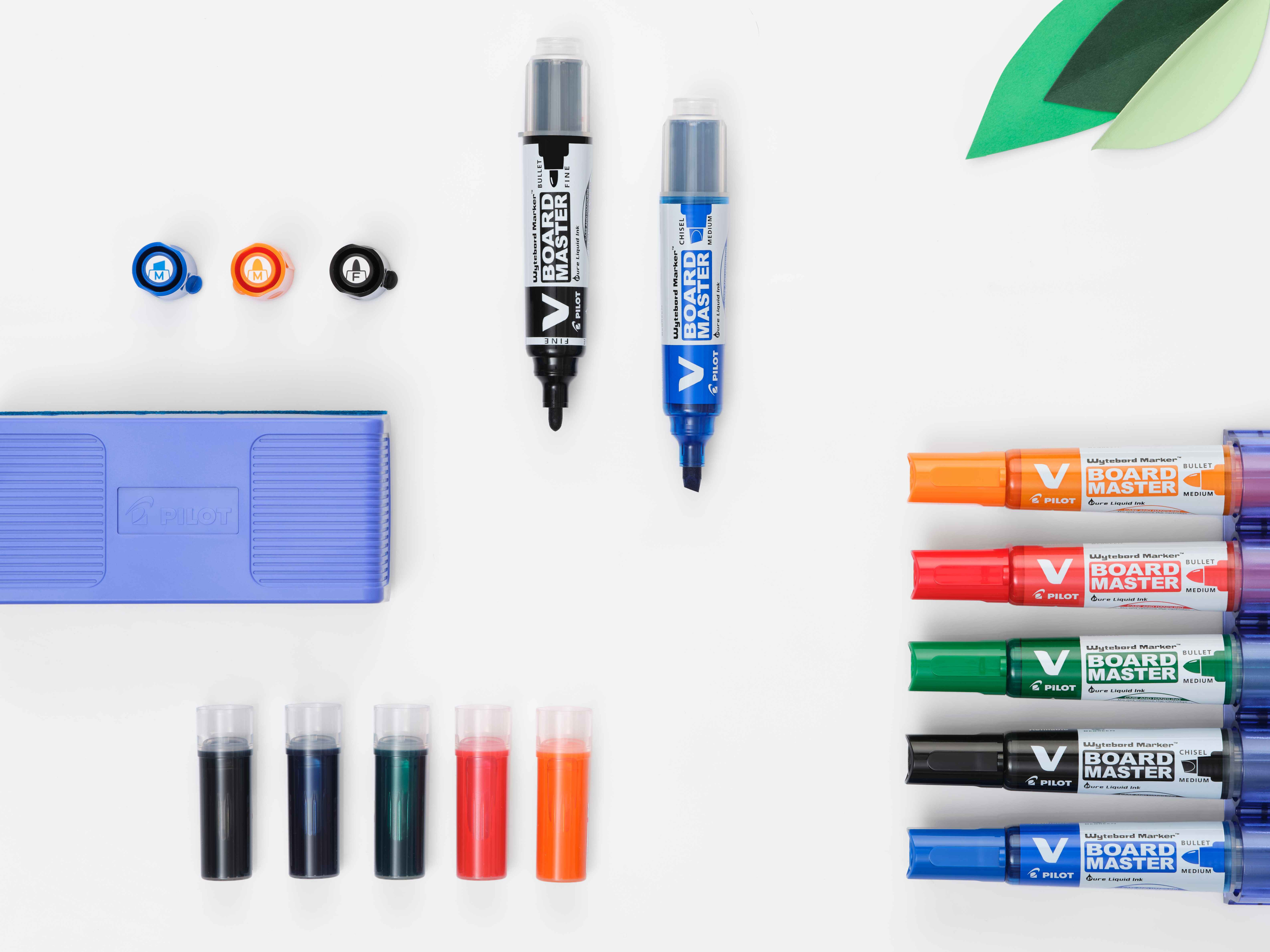 Array of PILOT V Board Master whiteboard markers, showcasing various vibrant colours, with a PILOT Wytebord Eraser laying on whiteboard