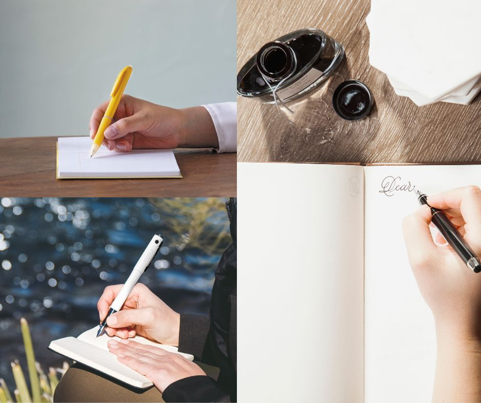 Three hands writing in notebooks with different high-quality pens, including a fountain pen, gel pen, and erasable pen, showcasing the best pens for writing.