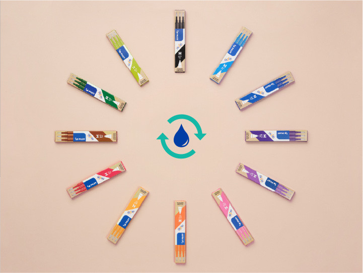 A range of FriXion Erasable Gel Ink Refills for Ball, Pro & Clicker arranged in a circle on a peach background with a recycling symbol in the middle.