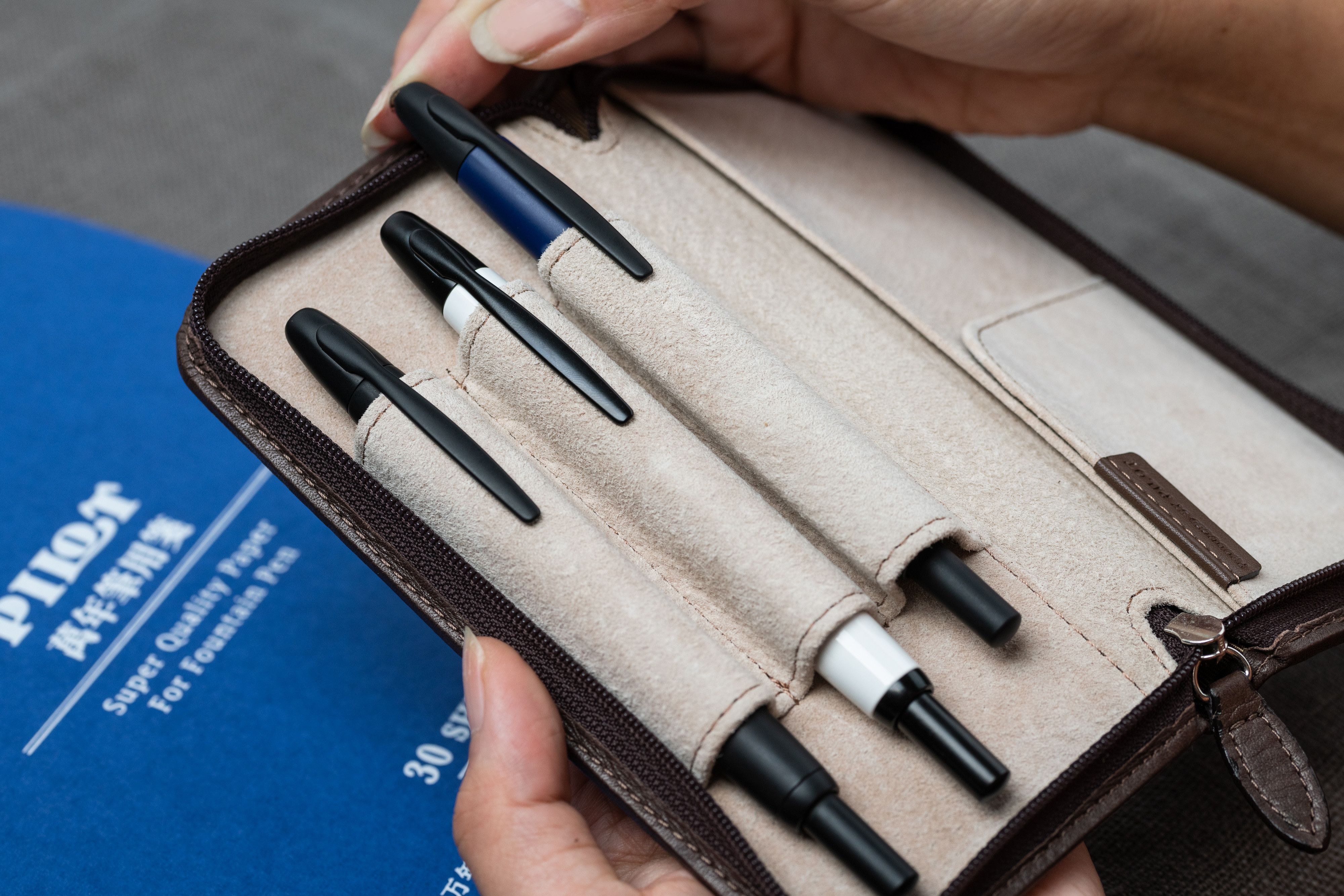 Capless foutain pens in a premium leather case