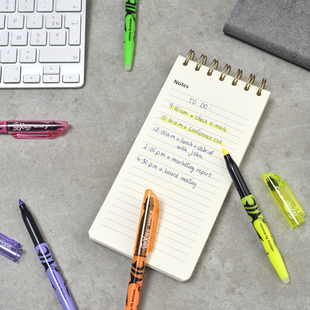 To-do list written with colorful Pilot FriXion erasable highlighters