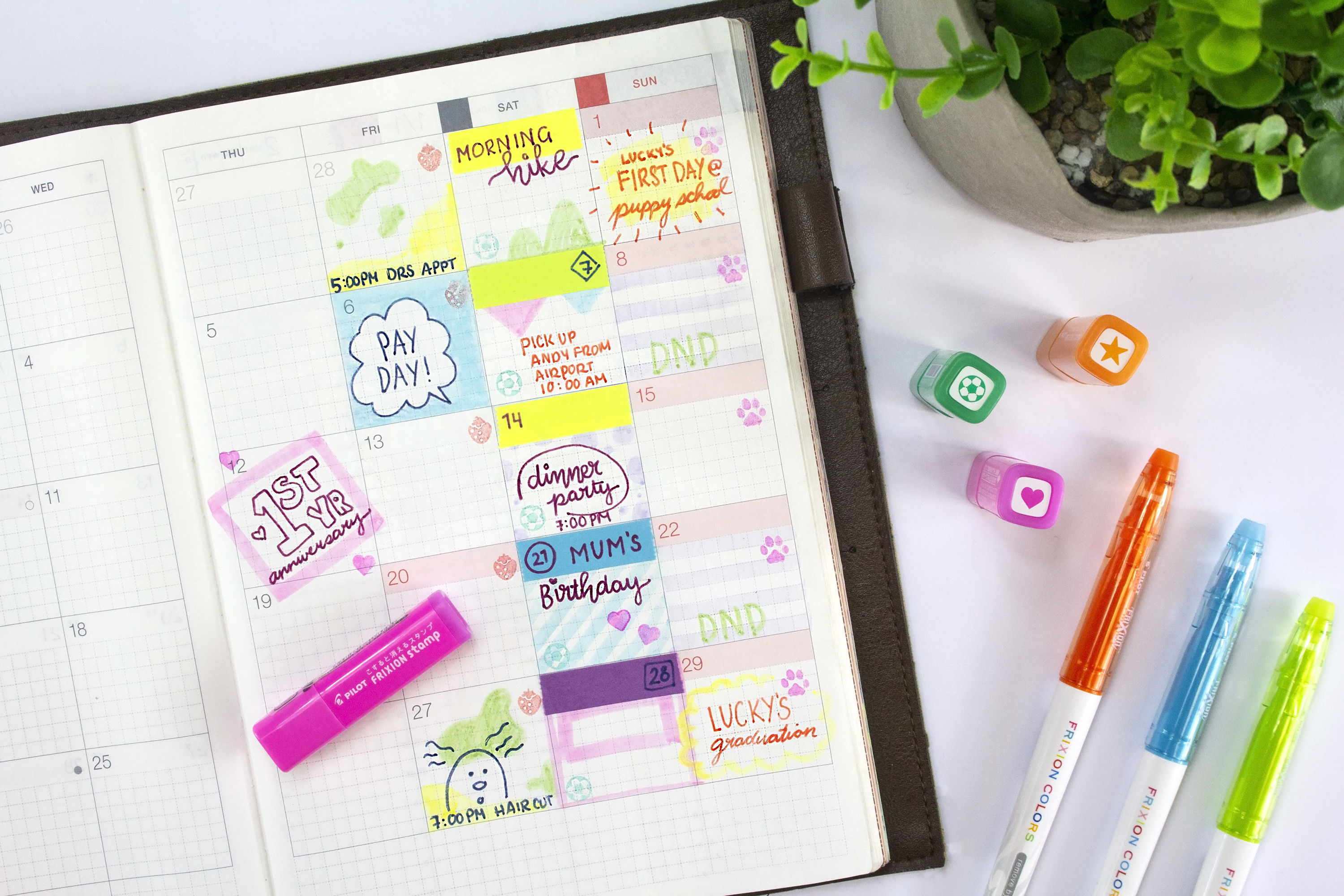 Monthly planner illustrated with FriXion Colors erasable pens and Erasable Stamps