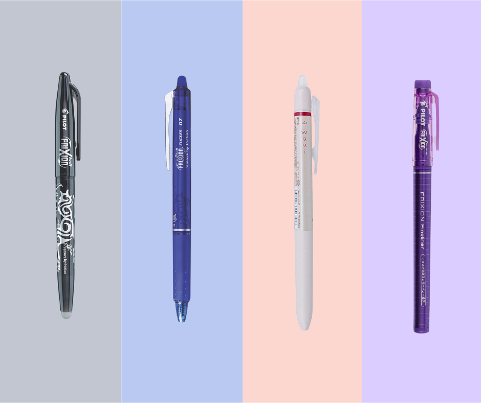 PILOT FriXion pens lined up to show the benefits of handwriting for study, planning and everyday notes