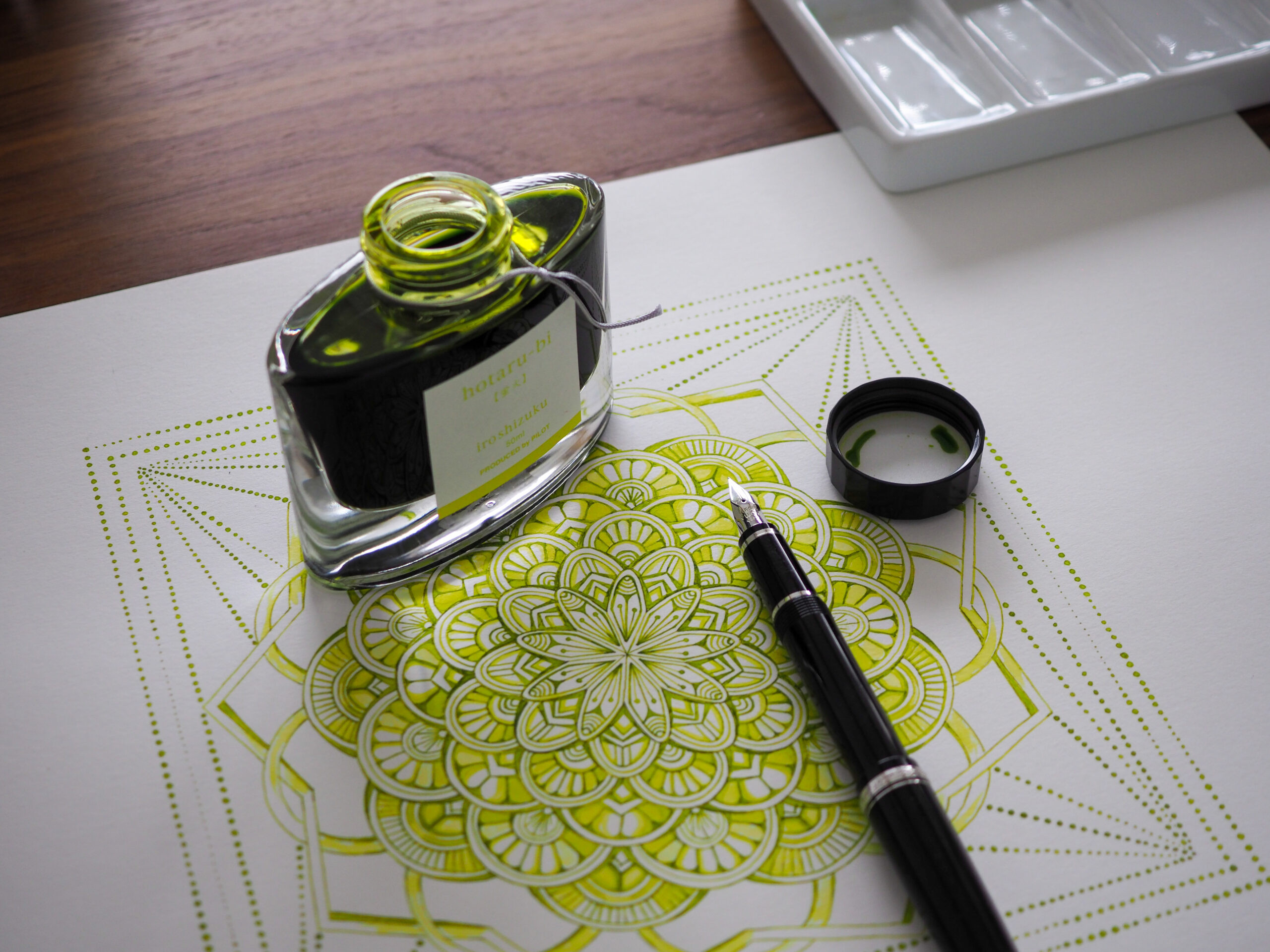 Pilot Falcon fountain pen and Pilot iroshizuku ink in yellow-green, called hotaru-bi, which translates to Firefly Glow in Japanese,&nbsp; used to draw mandala for therapeutic benefit