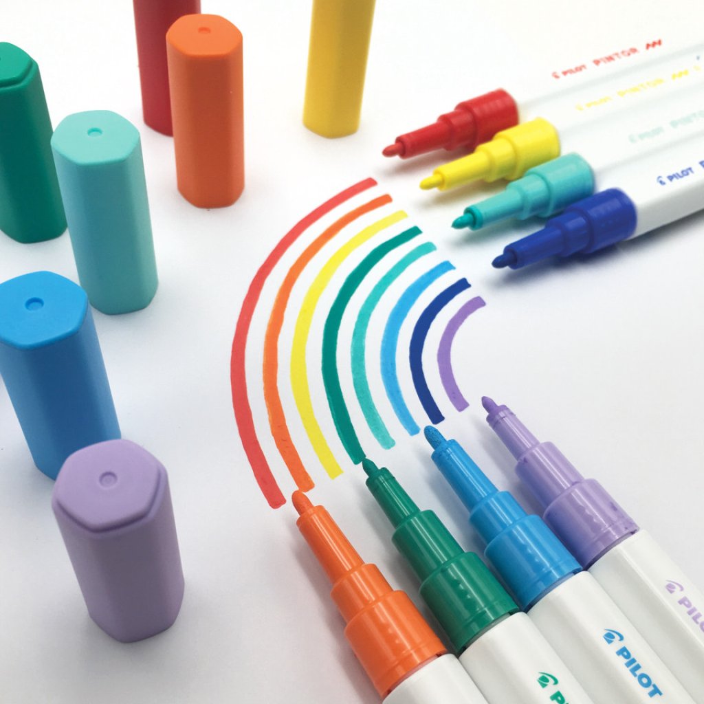 Pilot Pintor Paint Markers next to a handrawn rainbow.