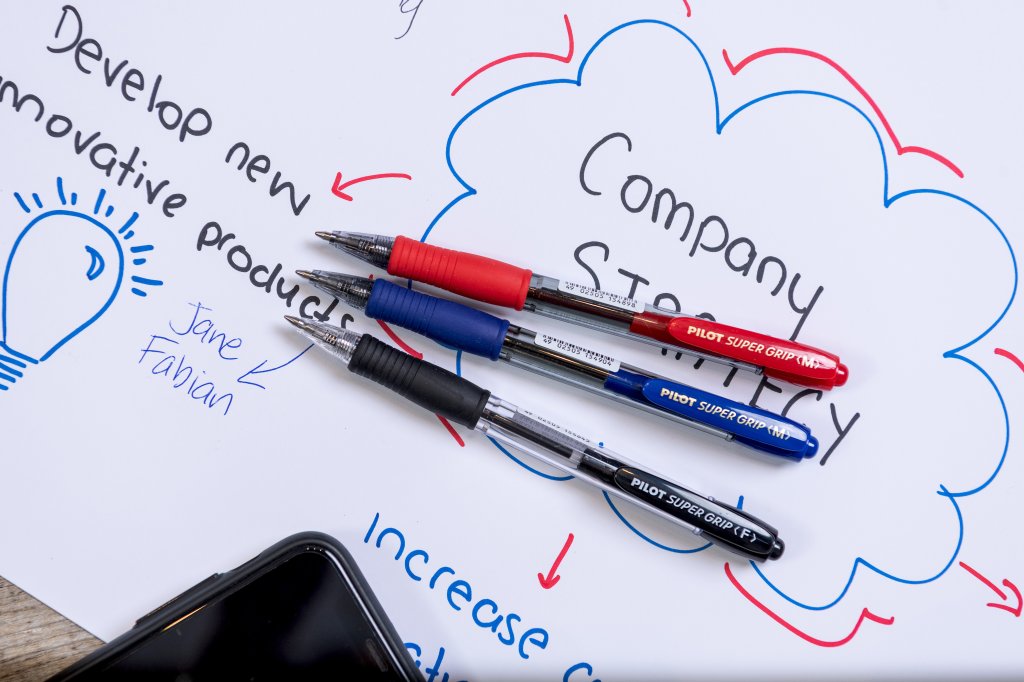 Pilot Super Grip Ballpoint pens in 3 colours, on top of a document featuring a brainstorm.